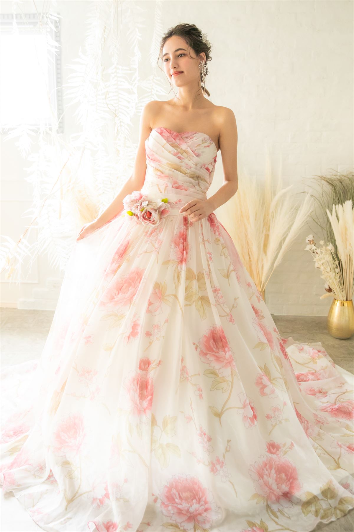 ピンク花柄ボリュームロングベアドレス | レンタルドレスのドレリッチ