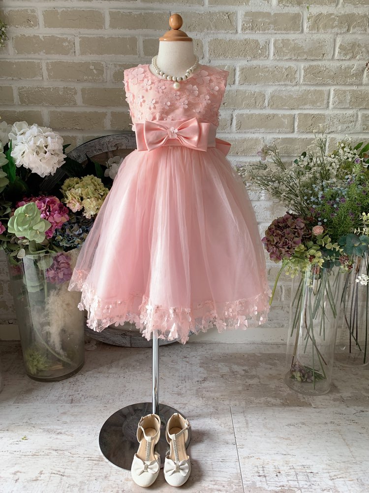 子供 キッズ 女の子 結婚式 ピンク レース フレアスカート お花 ノースリーブ チュール ドレス